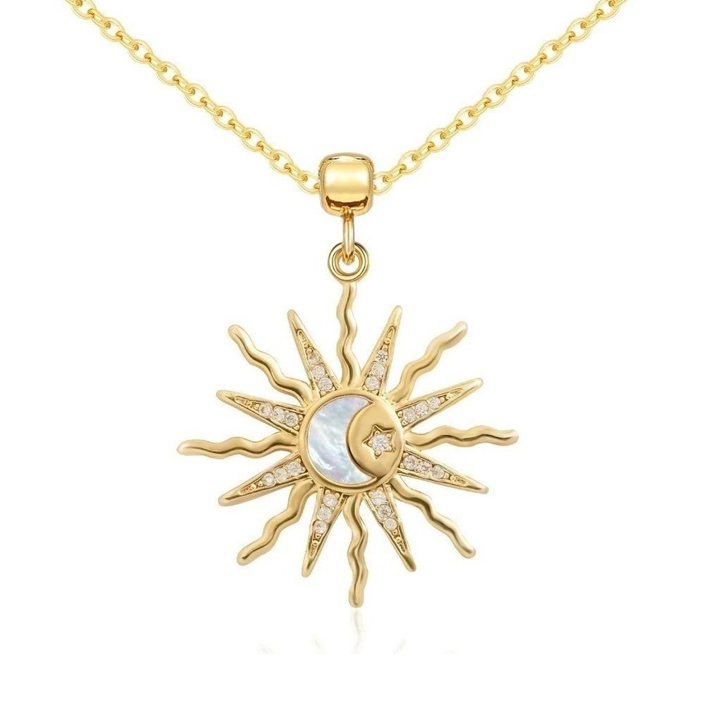 Sun Moon Necklace Womens 14K Gold Plated New Celestial CZ Mother of Pearl - Picture 1 of 5